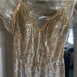 Beautiful sheer gold goddess prom dress - worn once - dry cleaned - no split